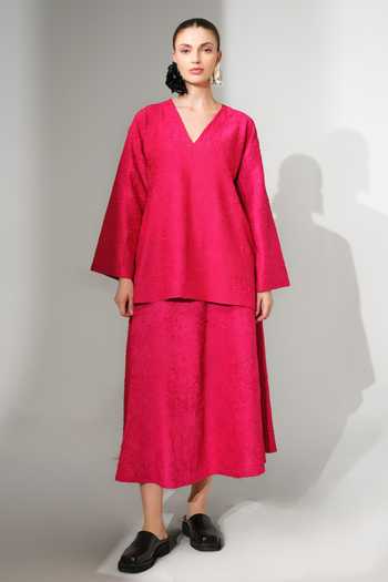 Stoique_Pink Silk V-neck Scarlet Crushed Top _at_Aza_Fashions