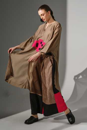 Stoique_Brown Silk, Chanderi Split V-neck Trace Applique Work Oversized Tunic _Online_at_Aza_Fashions