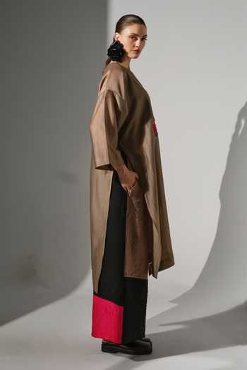 Shop_Stoique_Brown Silk, Chanderi Split V-neck Trace Applique Work Oversized Tunic _Online_at_Aza_Fashions