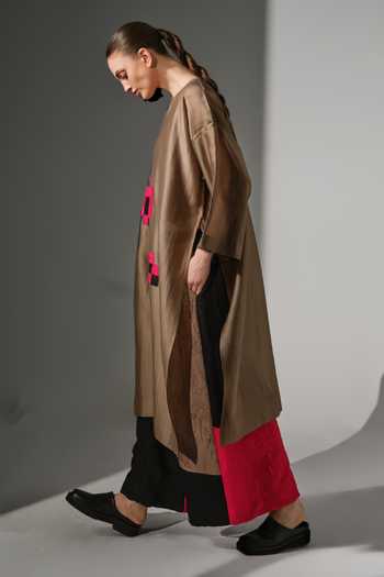Stoique_Brown Silk, Chanderi Split V-neck Trace Applique Work Oversized Tunic _at_Aza_Fashions