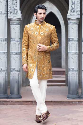 Courtyard By Abhi Mustard Rose Gold Sherwani Set 