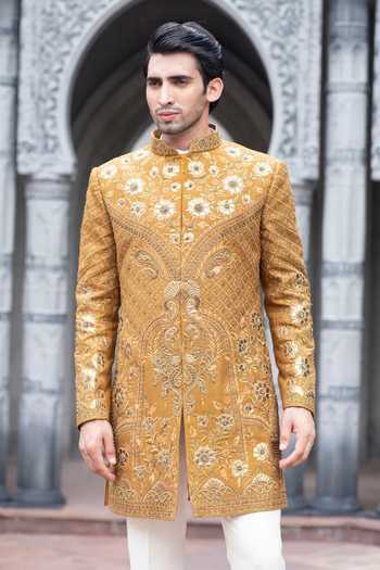 Courtyard By Abhi Mustard Rose Gold Sherwani Set 