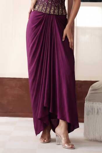 Basanti Kapde aur Koffee Purple Silk, The Imperial Noir Pre-draped Saree With Embroidered Corset Online at Aza Fashions Basanti Kapde aur Koffee_Purple Silk, The Imperial Noir Pre-draped Saree With Embroidered Corset _Online_at_Aza_Fashions