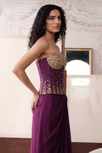 Shop Basanti Kapde aur Koffee Purple Silk, The Imperial Noir Pre-draped Saree With Embroidered Corset Online at Aza Fashions Shop_Basanti Kapde aur Koffee_Purple Silk, The Imperial Noir Pre-draped Saree With Embroidered Corset _Online_at_Aza_Fashions