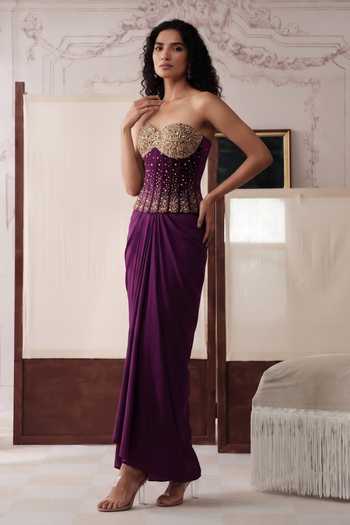 Basanti Kapde aur Koffee Purple Silk, The Imperial Noir Pre-draped Saree With Embroidered Corset at Aza Fashions Basanti Kapde aur Koffee_Purple Silk, The Imperial Noir Pre-draped Saree With Embroidered Corset _at_Aza_Fashions