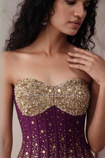Buy Basanti Kapde aur Koffee Purple Silk, The Imperial Noir Pre-draped Saree With Embroidered Corset Buy_Basanti Kapde aur Koffee_Purple Silk, The Imperial Noir Pre-draped Saree With Embroidered Corset