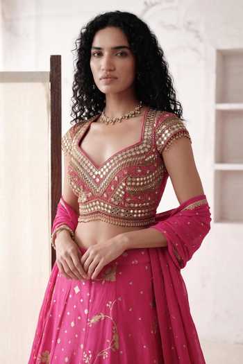Shop Basanti Kapde aur Koffee Pink Silk, Georgette Sweetheart Neck Royal Gulzar Embroidered Lehenga Set Online at Aza Fashions Shop_Basanti Kapde aur Koffee_Pink Silk, Georgette Sweetheart Neck Royal Gulzar Embroidered Lehenga Set _Online_at_Aza_Fashions