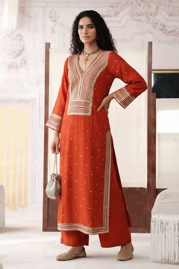Shop_Basanti Kapde aur Koffee_Orange Viscose Georgette V-neck Rust Elan Embroidered Kurta And Pant Set _Online_at_Aza_Fashions
