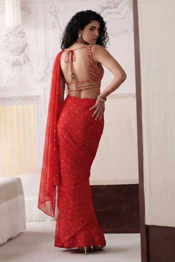 Basanti Kapde aur Koffee The Crimson Horizon Embroidered Pre-Draped Saree With Blouse