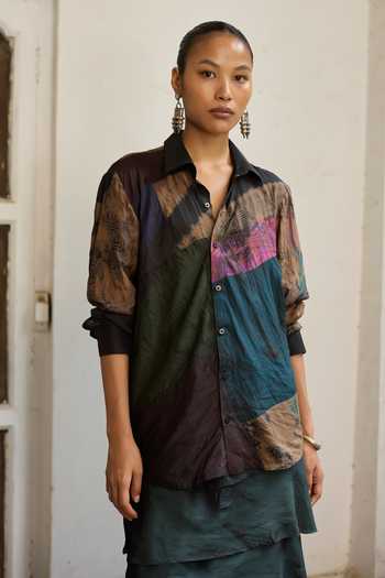 Medha_Multi Color Silk Collared Neck Earth Tie Dye Pattern Shirt _Online_at_Aza_Fashions