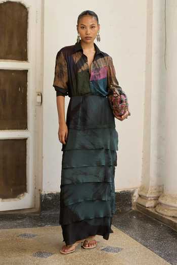 Shop_Medha_Multi Color Silk Collared Neck Earth Tie Dye Pattern Shirt _Online_at_Aza_Fashions