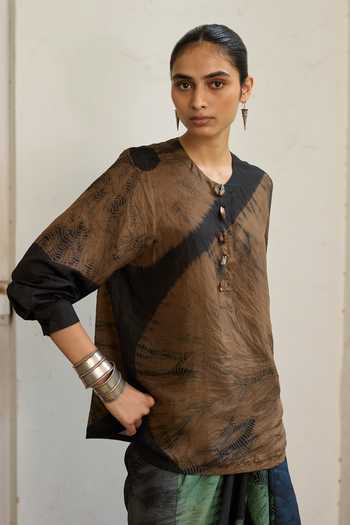 Medha_Brown Silk Round Neck Inkwood Tie Dye Pattern Shirt _Online_at_Aza_Fashions