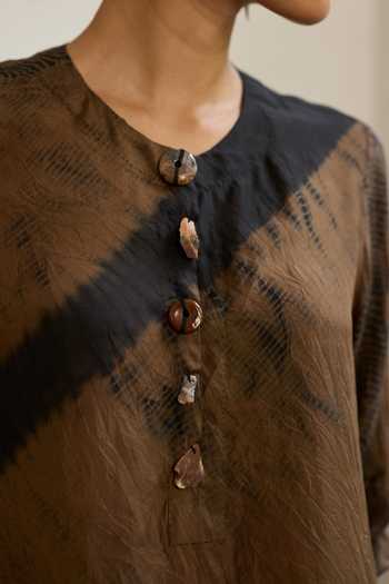 Shop_Medha_Brown Silk Round Neck Inkwood Tie Dye Pattern Shirt _Online_at_Aza_Fashions