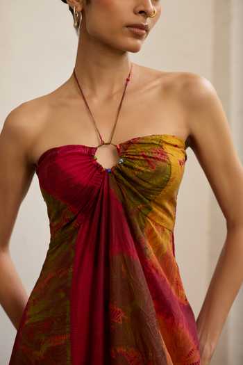 Medha_Multi Color Silk Halter Neck Nebula Tie Dye Pattern Dress _Online_at_Aza_Fashions