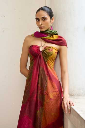 Buy_Medha_Multi Color Silk Halter Neck Nebula Tie Dye Pattern Dress _Online_at_Aza_Fashions