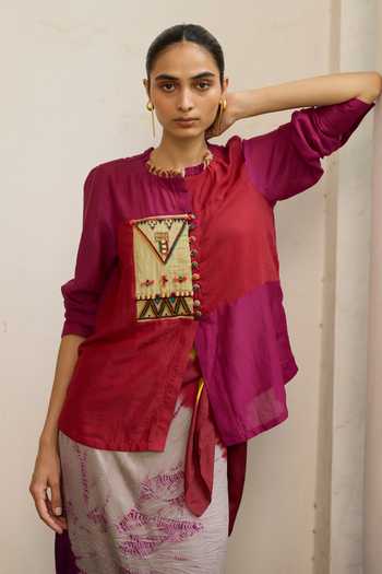 Medha_Pink Silk Round Neck Puzzle Shirt _Online_at_Aza_Fashions