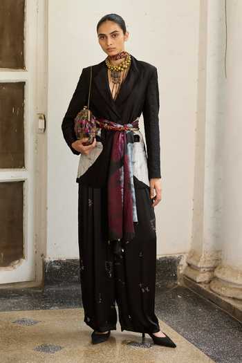 Medha Black Chanderi Collared Neck Dice Bandhani Tie Dye Motif Jacket at Aza Fashions Medha_Black Chanderi Collared Neck Dice Bandhani Tie Dye Motif Jacket _at_Aza_Fashions