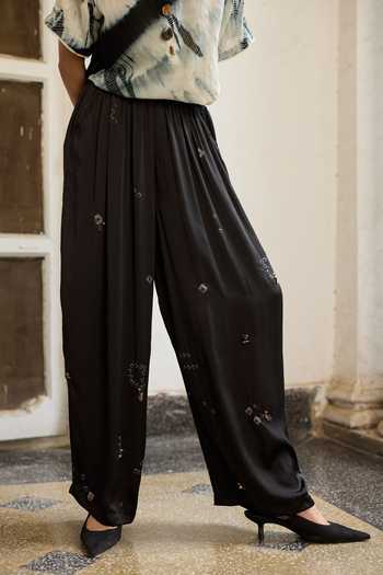 Shop_Medha_Black Satin Shadow Abstract Tie Dye Pant _Online_at_Aza_Fashions