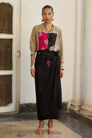 Buy_Medha_Beige Silk, Cotton Mandarin Collar Geodes Bandhani Pattern Shirt _Online_at_Aza_Fashions