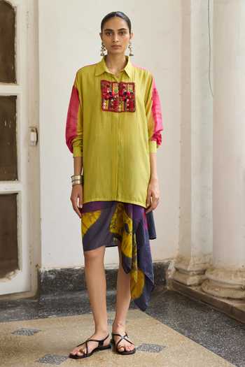 Medha_Pink Silk, Cotton Collared Neck Banjara Patchwork Embroidered Shirt _Online_at_Aza_Fashions