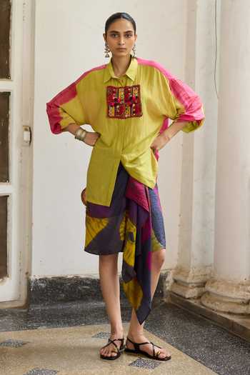 Buy_Medha_Pink Silk, Cotton Collared Neck Banjara Patchwork Embroidered Shirt _Online_at_Aza_Fashions