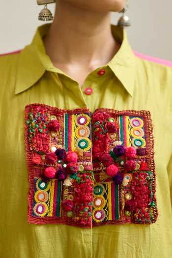 Shop_Medha_Pink Silk, Cotton Collared Neck Banjara Patchwork Embroidered Shirt _Online_at_Aza_Fashions