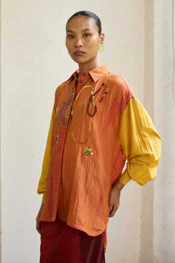 Medha Yellow Silk, Cotton Collared Neck Sonnet Abstract Embroidered Shirt Online at Aza Fashions Medha_Yellow Silk, Cotton Collared Neck Sonnet Abstract Embroidered Shirt _Online_at_Aza_Fashions