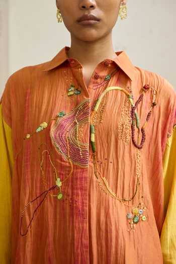 Shop Medha Yellow Silk, Cotton Collared Neck Sonnet Abstract Embroidered Shirt Online at Aza Fashions Shop_Medha_Yellow Silk, Cotton Collared Neck Sonnet Abstract Embroidered Shirt _Online_at_Aza_Fashions