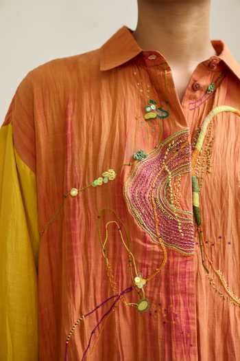 Medha Yellow Silk, Cotton Collared Neck Sonnet Abstract Embroidered Shirt at Aza Fashions Medha_Yellow Silk, Cotton Collared Neck Sonnet Abstract Embroidered Shirt _at_Aza_Fashions