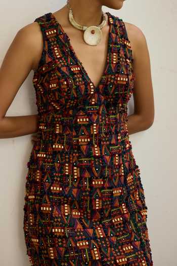 Medha Multi Color Cotton V-neck Makeba Hand Embroidered Dress Online at Aza Fashions Medha_Multi Color Cotton V-neck Makeba Hand Embroidered Dress _Online_at_Aza_Fashions