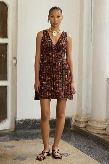 Shop Medha Multi Color Cotton V-neck Makeba Hand Embroidered Dress Online at Aza Fashions Shop_Medha_Multi Color Cotton V-neck Makeba Hand Embroidered Dress _Online_at_Aza_Fashions