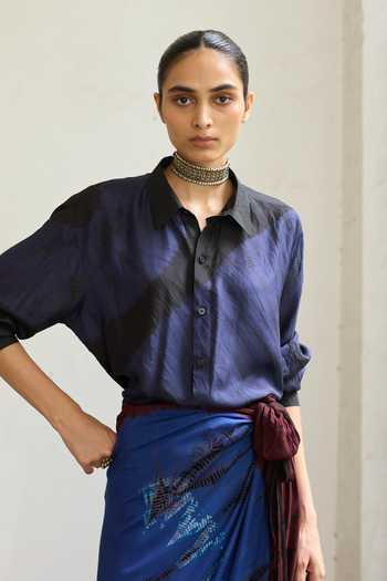Medha_Blue Silk Collared Neck Dark Flow Tie Dye Pattern Shirt _Online_at_Aza_Fashions