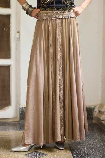 Medha_Beige Silk Freefall Lace Work Skirt _Online_at_Aza_Fashions