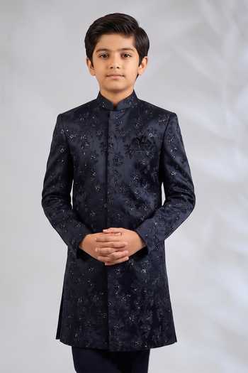 Buy SPRING BREAK Blue Silk, Cotton Satin Navy Floral Embroidered Sherwani Set Online at Aza Fashions Buy_SPRING BREAK_Blue Silk, Cotton Satin Navy Floral Embroidered Sherwani Set _Online_at_Aza_Fashions