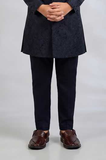SPRING BREAK_Blue Silk, Cotton Satin Navy Botanical Embroidered Sherwani Set _Online_at_Aza_Fashions