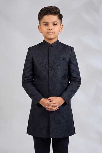 Buy_SPRING BREAK_Blue Silk, Cotton Satin Navy Botanical Embroidered Sherwani Set _Online_at_Aza_Fashions