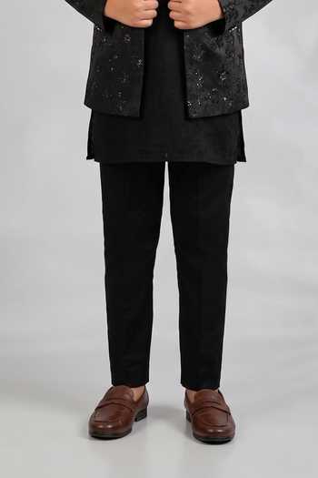 SPRING BREAK Black Cotton Satin, Silk Embroidery, Sequins Floral Bandhgala And Kurta Set Online at Aza Fashions SPRING BREAK_Black Cotton Satin, Silk Embroidery, Sequins Floral Bandhgala And Kurta Set _Online_at_Aza_Fashions