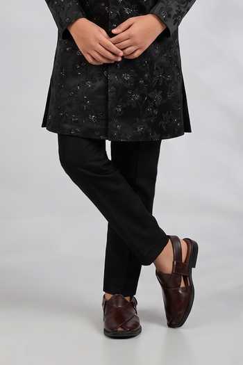 SPRING BREAK Black Silk, Cotton Satin Floral Embroidered Sherwani Set Online at Aza Fashions SPRING BREAK_Black Silk, Cotton Satin Floral Embroidered Sherwani Set _Online_at_Aza_Fashions