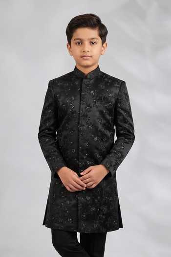 Buy SPRING BREAK Black Silk, Cotton Satin Floral Embroidered Sherwani Set Online at Aza Fashions Buy_SPRING BREAK_Black Silk, Cotton Satin Floral Embroidered Sherwani Set _Online_at_Aza_Fashions
