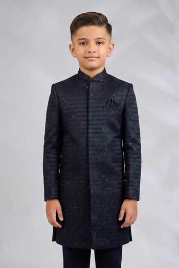 SPRING BREAK_Blue Silk, Cotton Satin Geometric Embroidered Sherwani Set _Online_at_Aza_Fashions