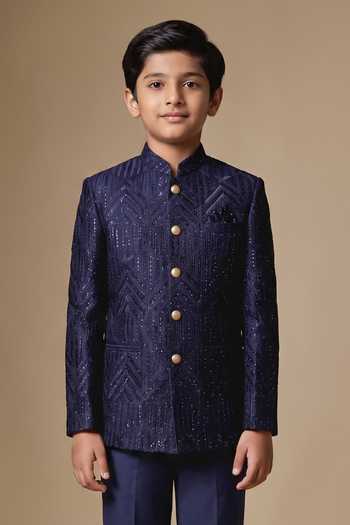 SPRING BREAK Blue Silk, Dupion Sequins Geometric Embroidered Bandhgala Online at Aza Fashions SPRING BREAK_Blue Silk, Dupion Sequins Geometric Embroidered Bandhgala _Online_at_Aza_Fashions