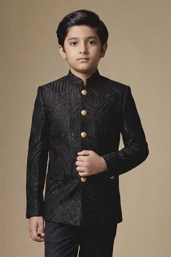 SPRING BREAK Black Silk, Dupion Embroidery, Sequins Geometric Bandhgala Jacket Online at Aza Fashions SPRING BREAK_Black Silk, Dupion Embroidery, Sequins Geometric Bandhgala Jacket _Online_at_Aza_Fashions