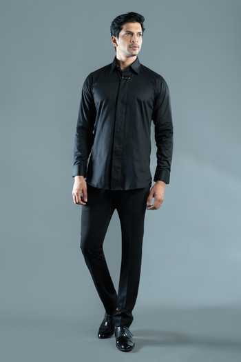 Varoin Marwah Black Cotton Satin D-ring Shirt Online at Aza Fashions Varoin Marwah_Black Cotton Satin D-ring Shirt _Online_at_Aza_Fashions