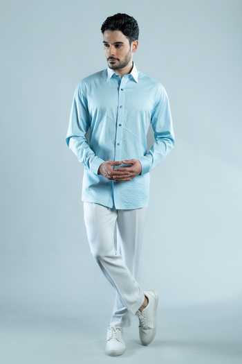 Shop Varoin Marwah Blue Cotton Monol Luxe Shirt Online at Aza Fashions Shop_Varoin Marwah_Blue Cotton Monol Luxe Shirt _Online_at_Aza_Fashions
