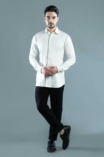 Shop Varoin Marwah White Cotton Satin Inscribed Shirt Online at Aza Fashions Shop_Varoin Marwah_White Cotton Satin Inscribed Shirt _Online_at_Aza_Fashions