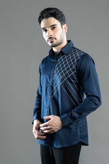 Varoin Marwah Blue Cotton Satin Croise Grid Pattern Shirt Online at Aza Fashions Varoin Marwah_Blue Cotton Satin Croise Grid Pattern Shirt _Online_at_Aza_Fashions
