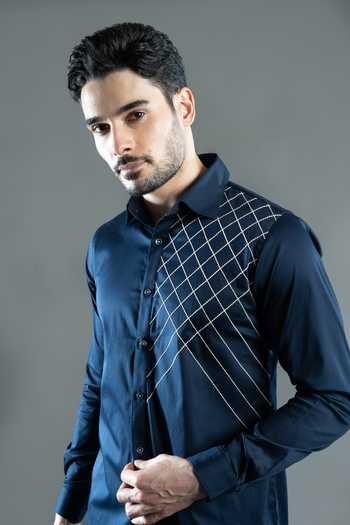 Buy Varoin Marwah Blue Cotton Satin Croise Grid Pattern Shirt Online at Aza Fashions Buy_Varoin Marwah_Blue Cotton Satin Croise Grid Pattern Shirt _Online_at_Aza_Fashions