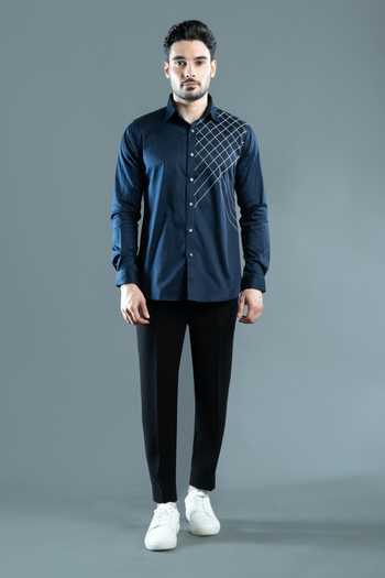Shop Varoin Marwah Blue Cotton Satin Croise Grid Pattern Shirt Online at Aza Fashions Shop_Varoin Marwah_Blue Cotton Satin Croise Grid Pattern Shirt _Online_at_Aza_Fashions