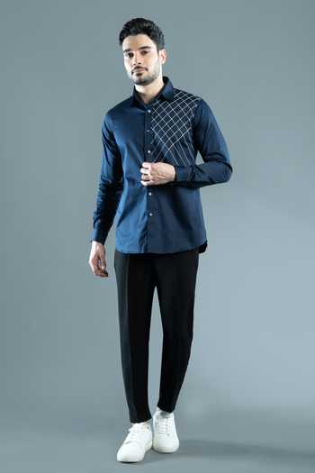 Varoin Marwah Blue Cotton Satin Croise Grid Pattern Shirt at Aza Fashions Varoin Marwah_Blue Cotton Satin Croise Grid Pattern Shirt _at_Aza_Fashions