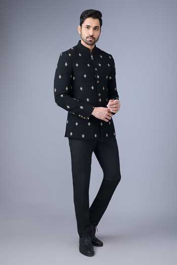 Varoin Marwah_Black Suiting Embroidery Bandhgala _Online_at_Aza_Fashions